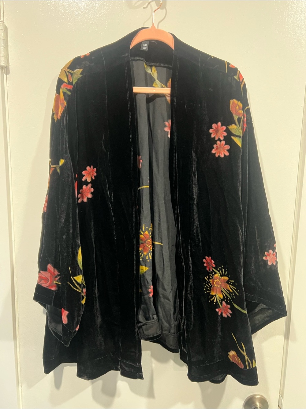 torrid Black Velvet Floral Kimono Cardigan with Pink & Yellow burnout Flowers